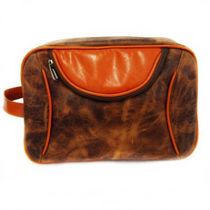 NECESSAIRE EM COURO NATURAL MARROM E LARANJA MARIA ADNA