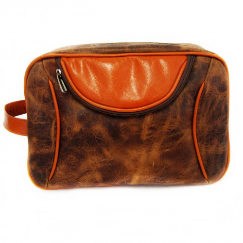 NECESSAIRE EM COURO NATURAL MARROM E LARANJA MARIA ADNA