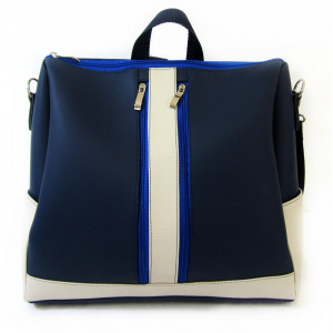 Bolsa Mochila em Material Sintético Azul e Creme Maria Adna