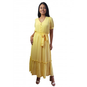 Vestido longo amarelo com botões Maria Adna